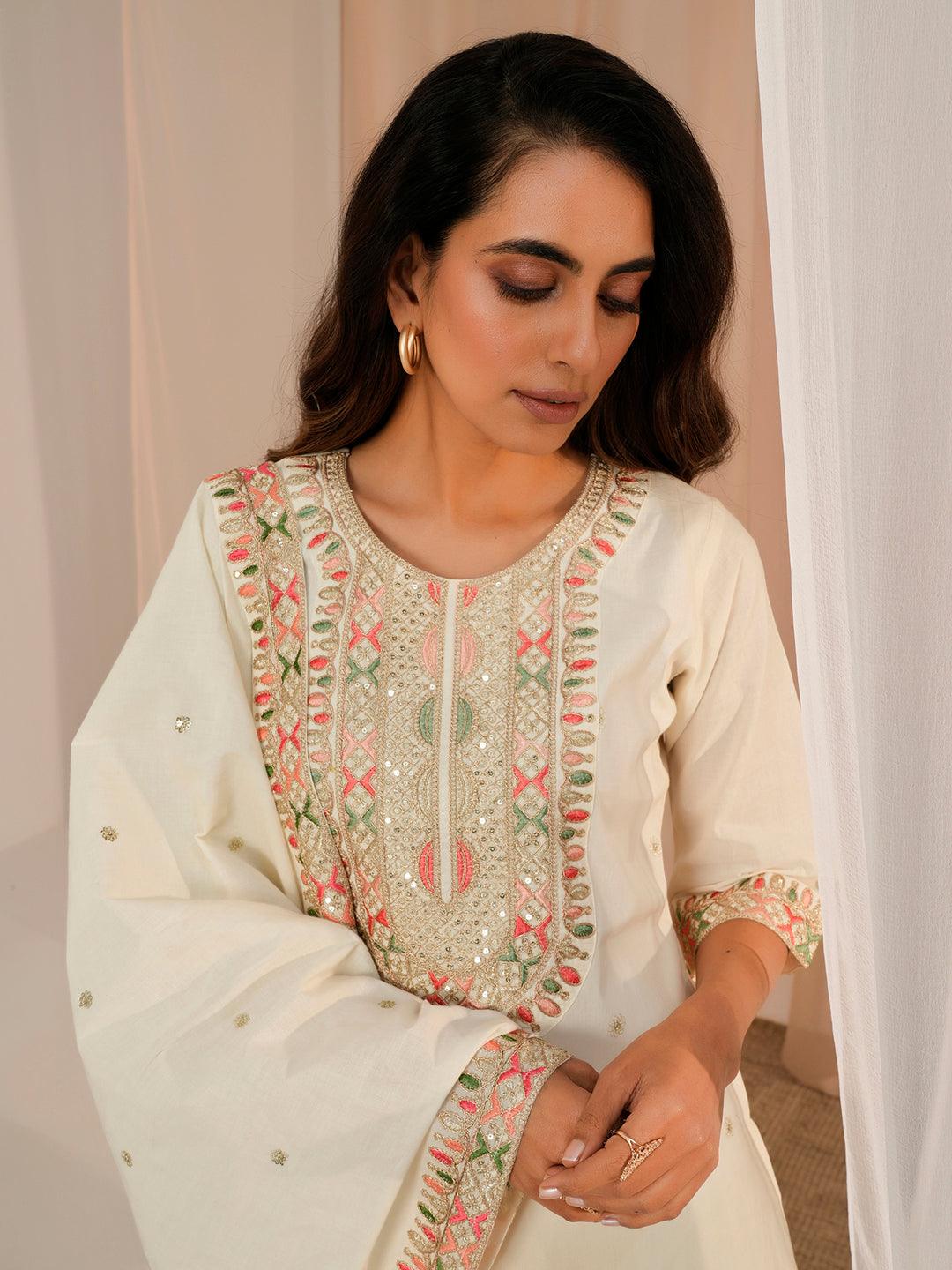 Off White Embroidered Cotton Straight Suit With Dupatta - Libas