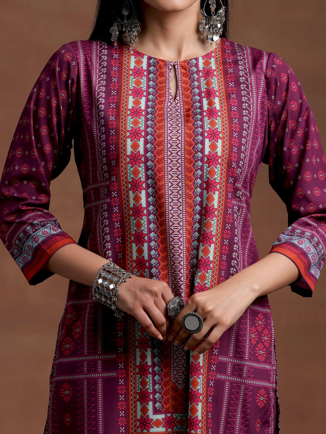 Wine Printed Poly Crepe Straight Kurta Set - Libas 