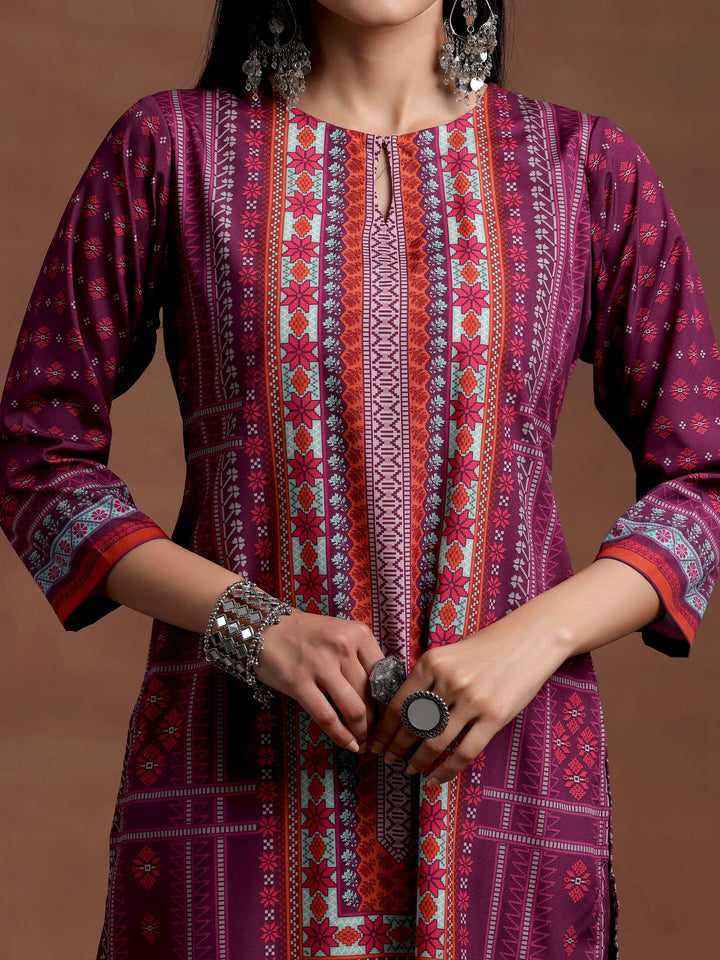 Wine Printed Poly Crepe Straight Kurta Set - Libas