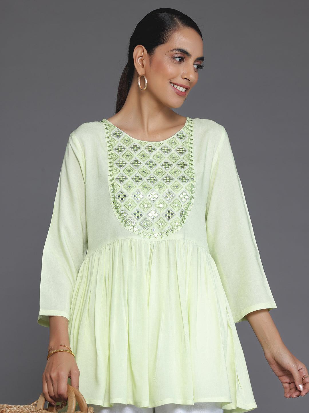 Green Embroidered Rayon A-Line Kurti - Libas 