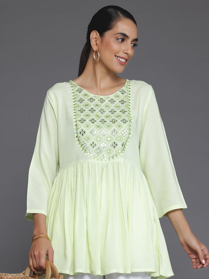 Green Embroidered Rayon A-Line Kurti - Libas