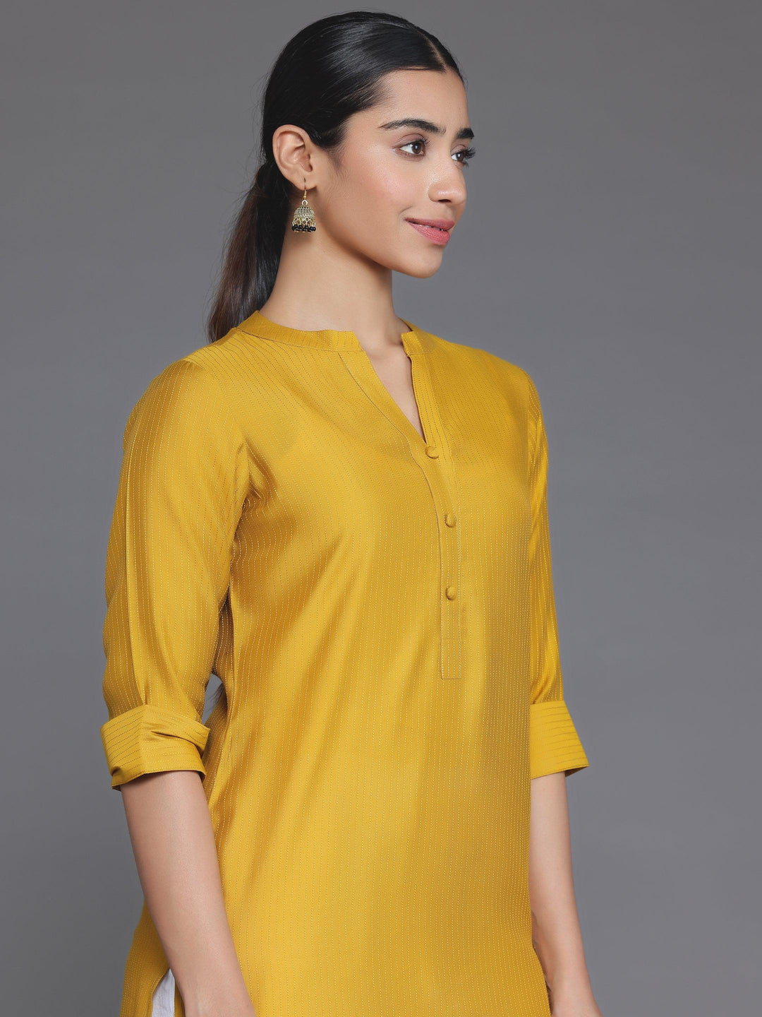 Mustard Woven Design Silk Straight Kurta - Libas