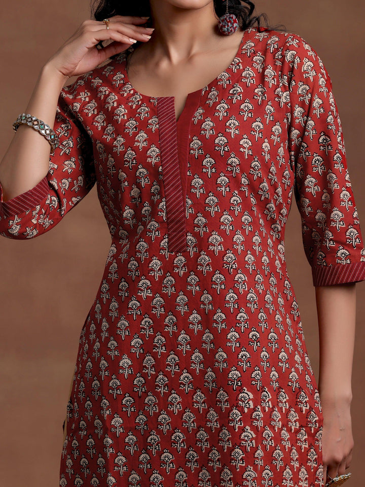 Maroon Printed Cotton Straight Kurta - Libas