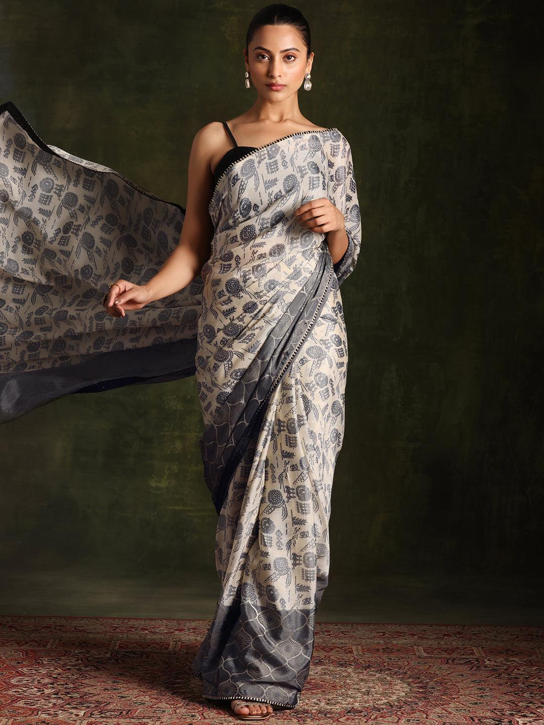 Beige Printed Silk Blend Saree With Unstitched Blouse Piece - Libas