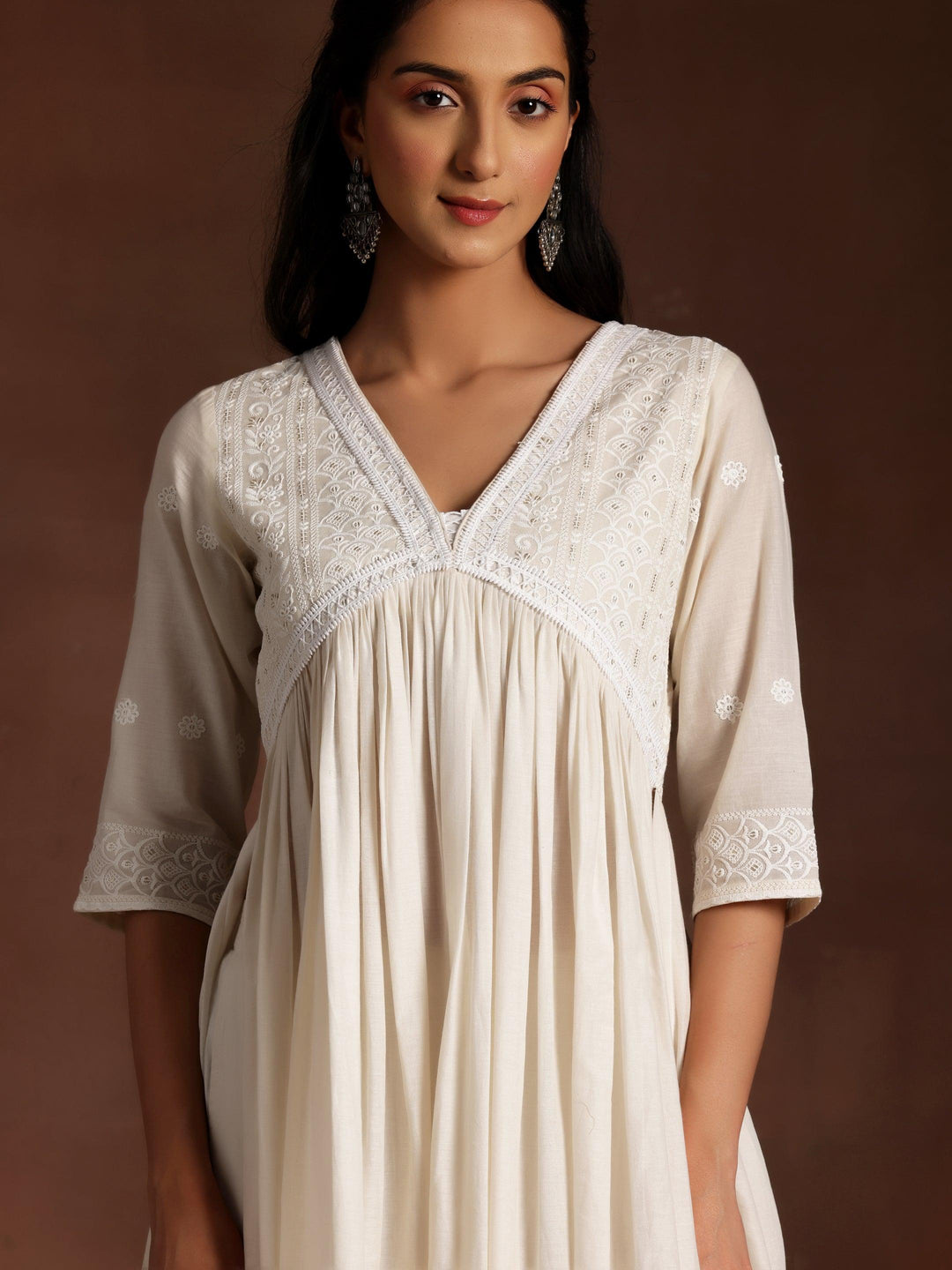 Alizeh Off white Embroidered Cotton A-Line Kurta With Palazzos & Dupatta - Libas 