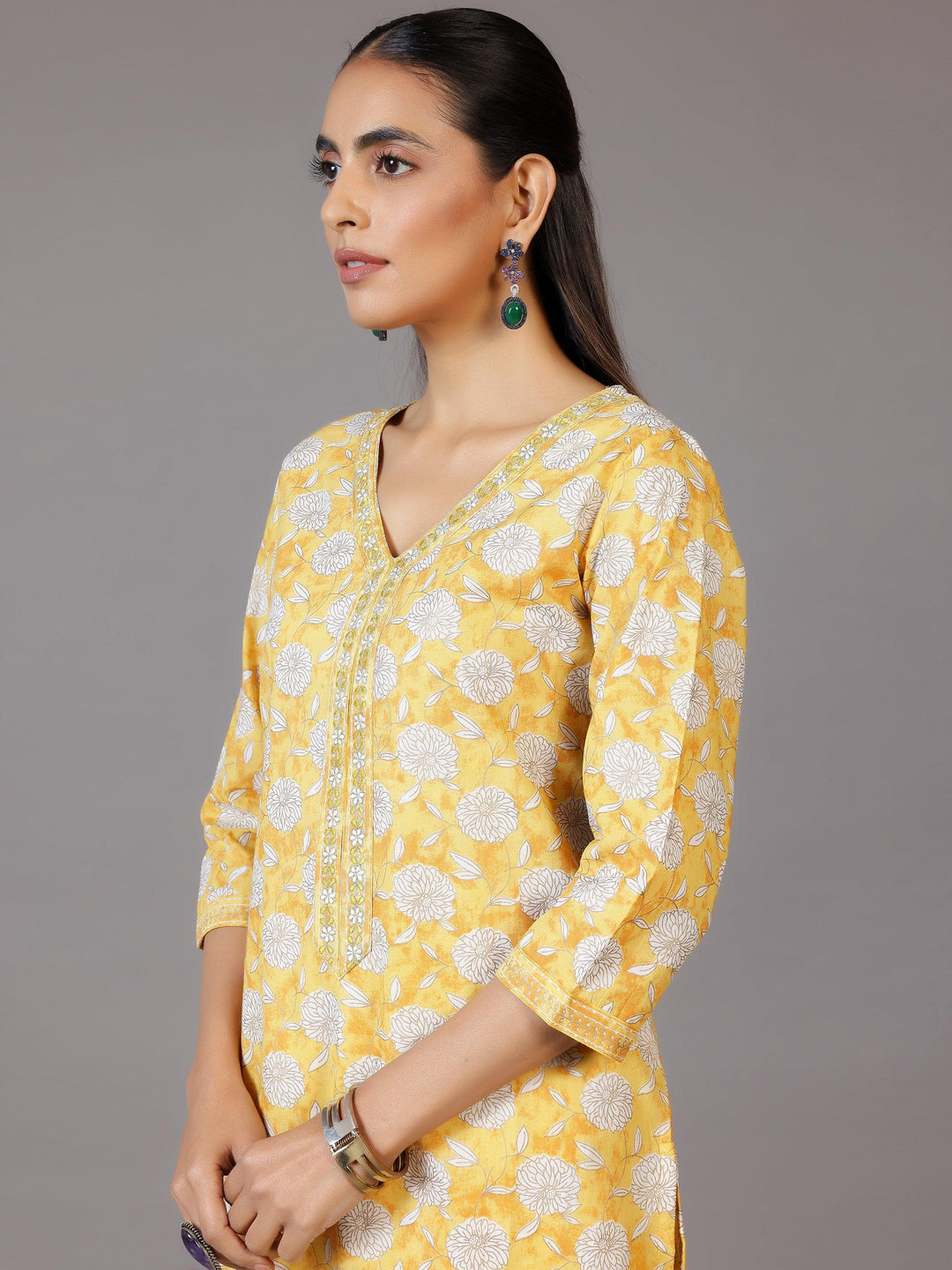 Yellow Printed Cotton Straight Suit With Dupatta - Libas 