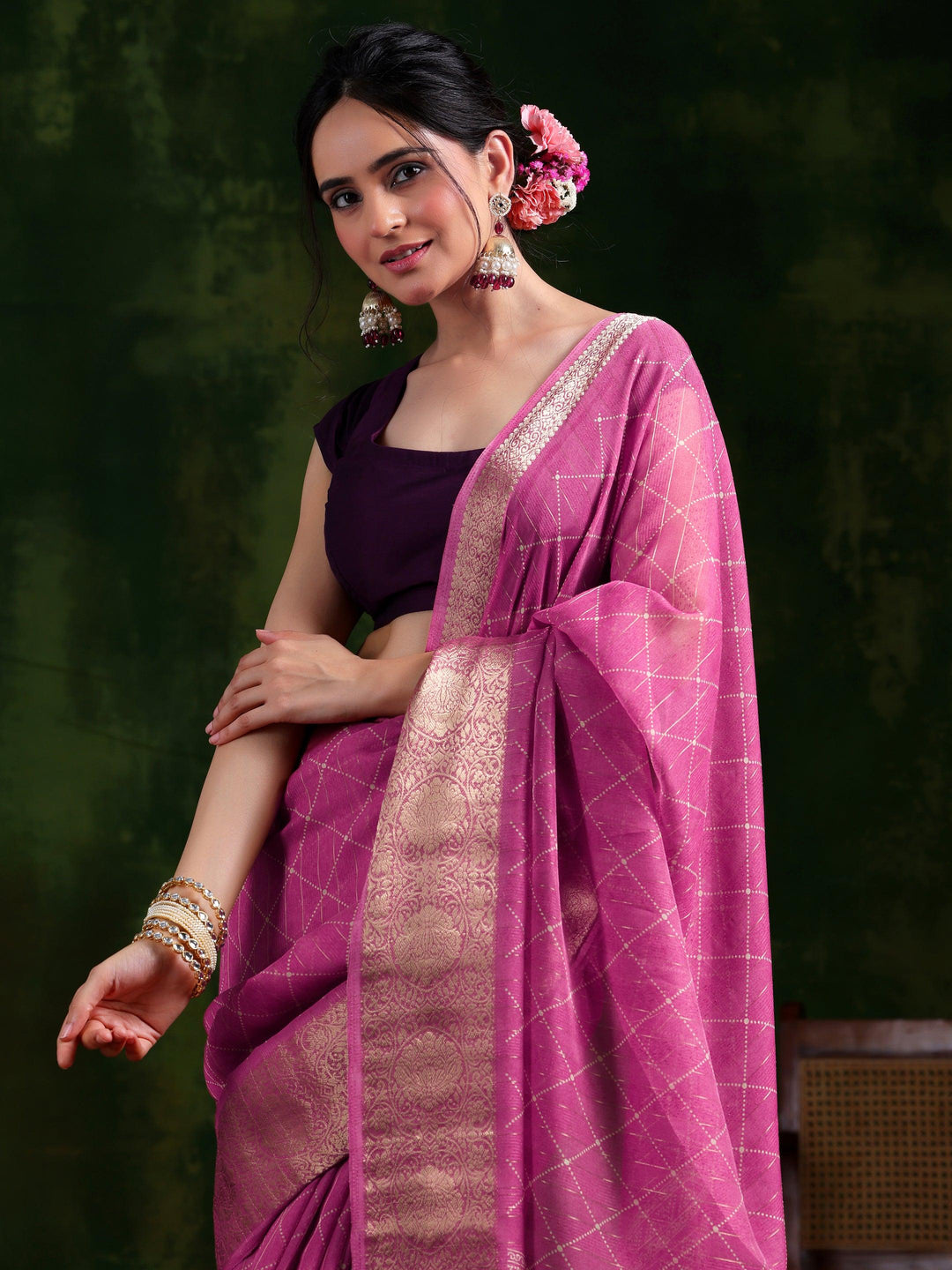 Pink Printed Silk Blend Saree With Unstitched Blouse Piece - Libas 