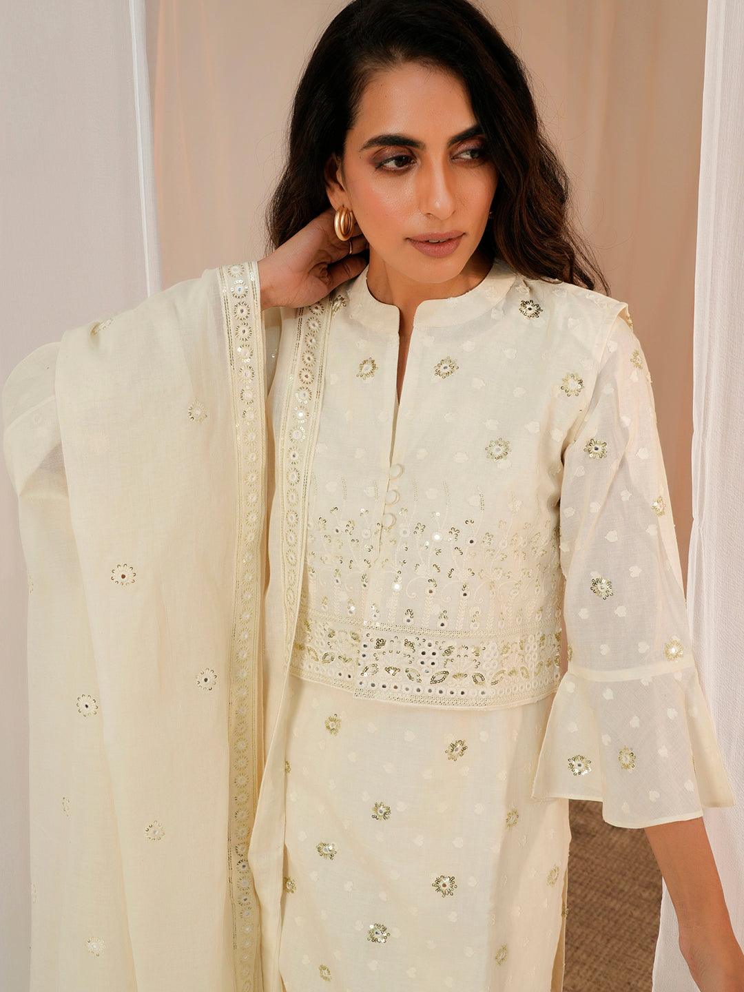 Off White Embroidered Cotton Straight Suit With Dupatta - Libas 