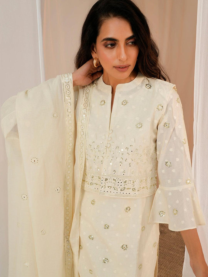 Off White Embroidered Cotton Straight Suit With Dupatta - Libas