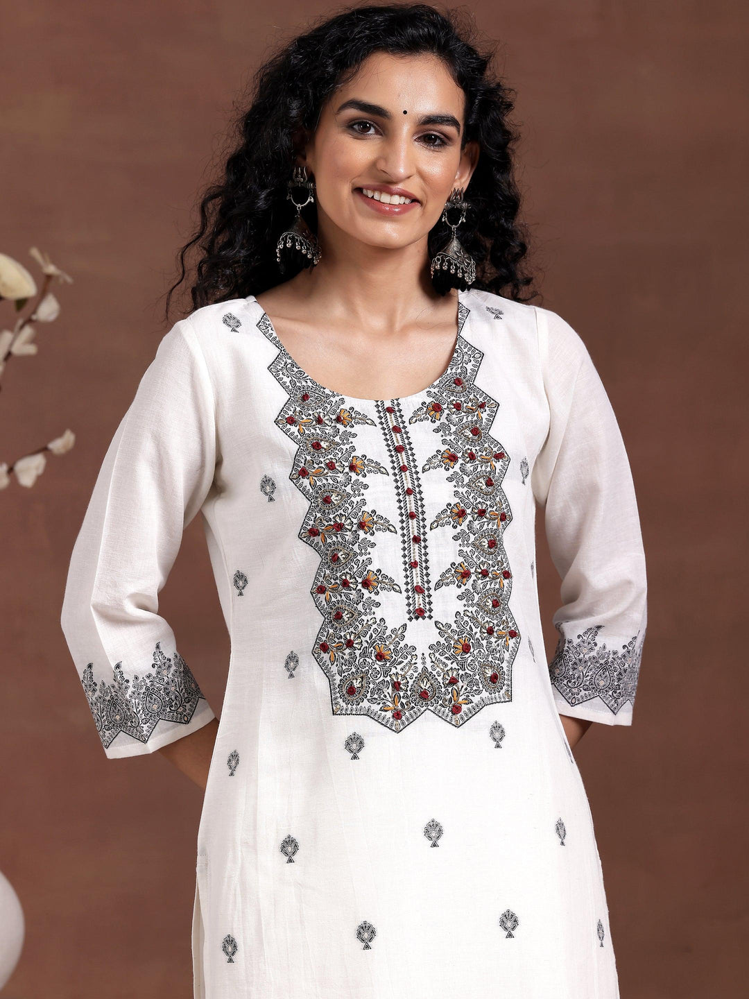 White Woven Design Linen Straight Suit With Dupatta - Libas 