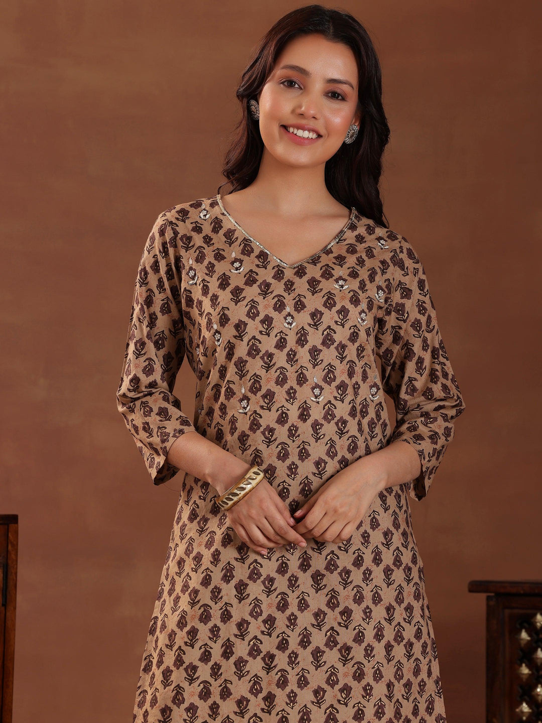 Brown Printed Cotton Straight Suit With Dupatta - Libas 