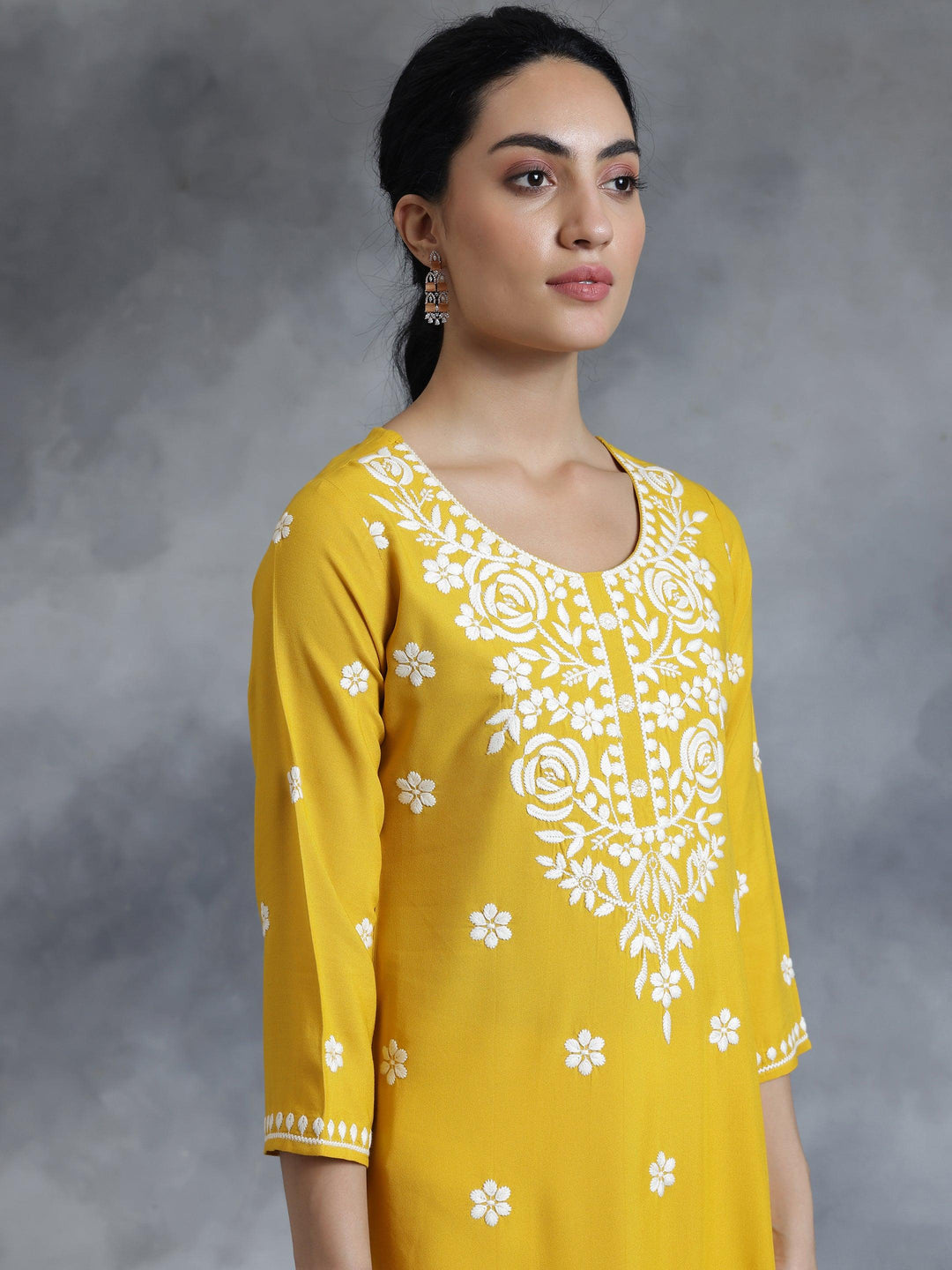 Mustard Embroidered Rayon Straight Kurta - Libas