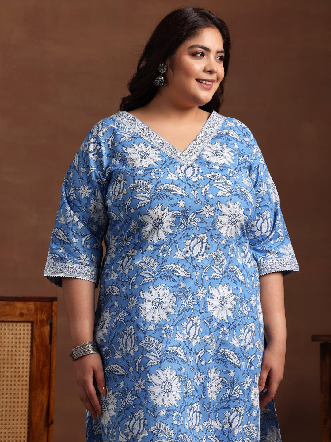 Plus Size Blue Printed Cotton Straight Suit With Dupatta - Libas 