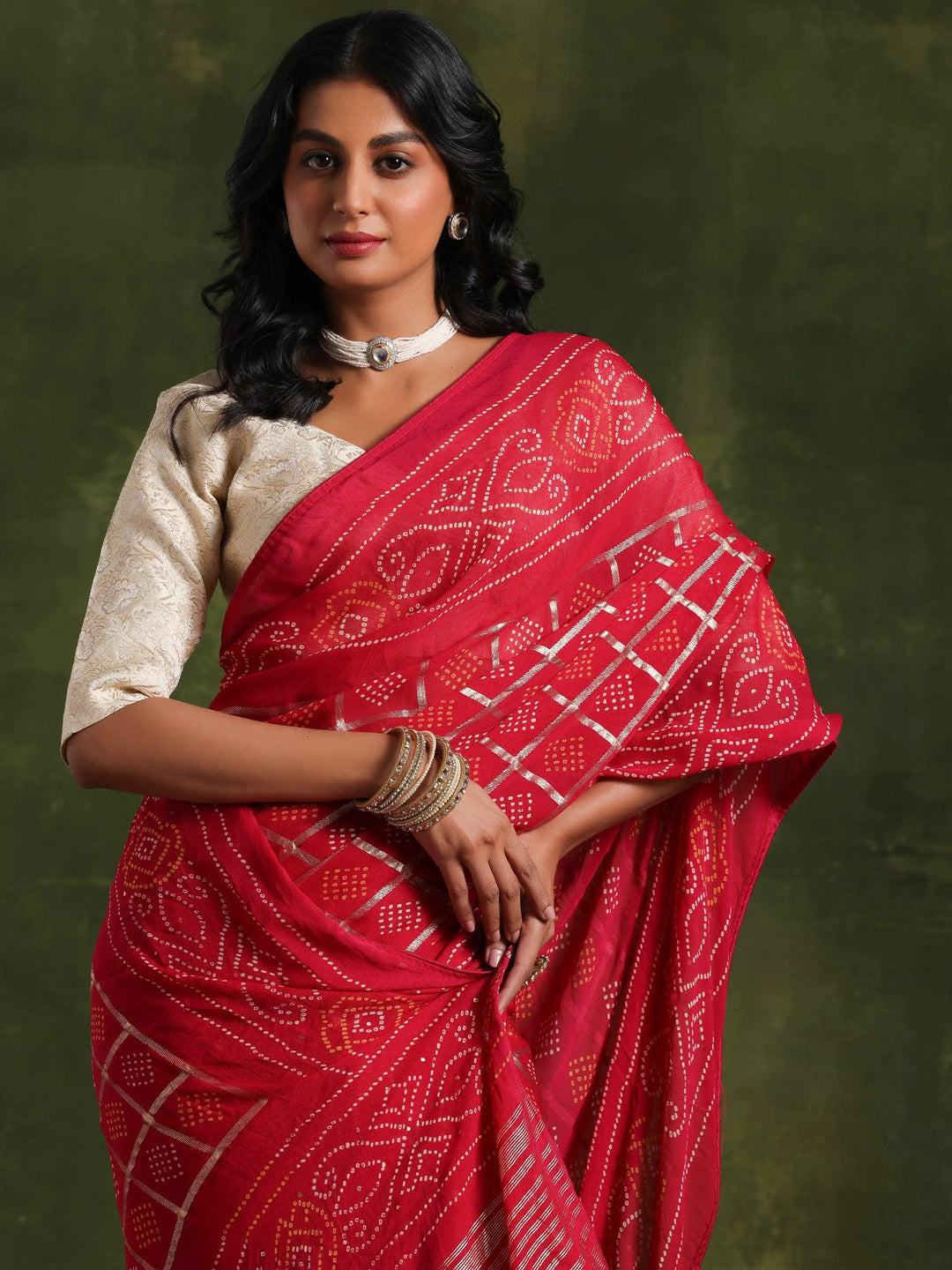 Pink Printed Poly Georgette Saree With Unstitched Blouse Piece - Libas 