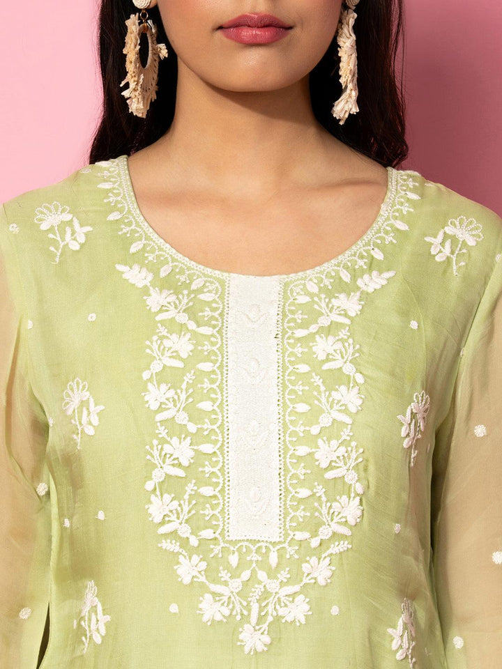 Green Embroidered Silk Blend Co-Ords - Libas