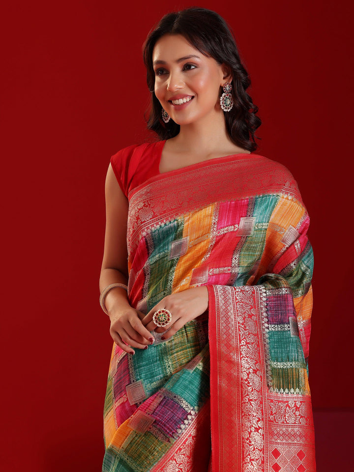 Libas Art Multicoloured Woven Design Satin Saree With Unstitched Blouse Piece - Libas