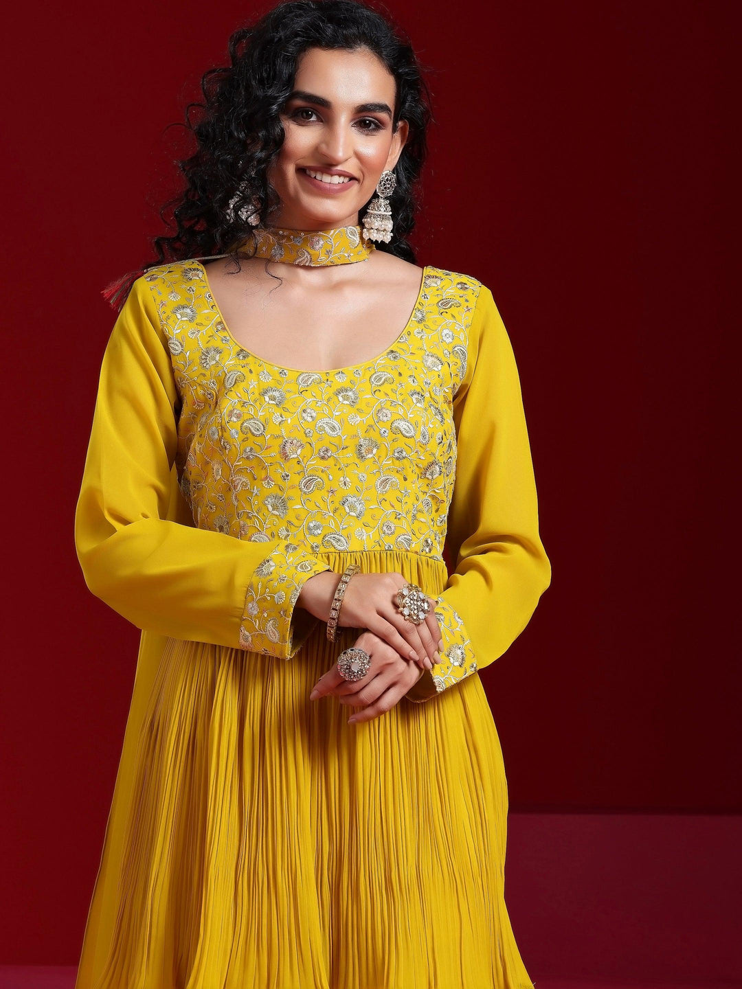 Libas Art Mustard Embroidered Georgette A-Line Kurta With Sharara & Dupatta - Libas 