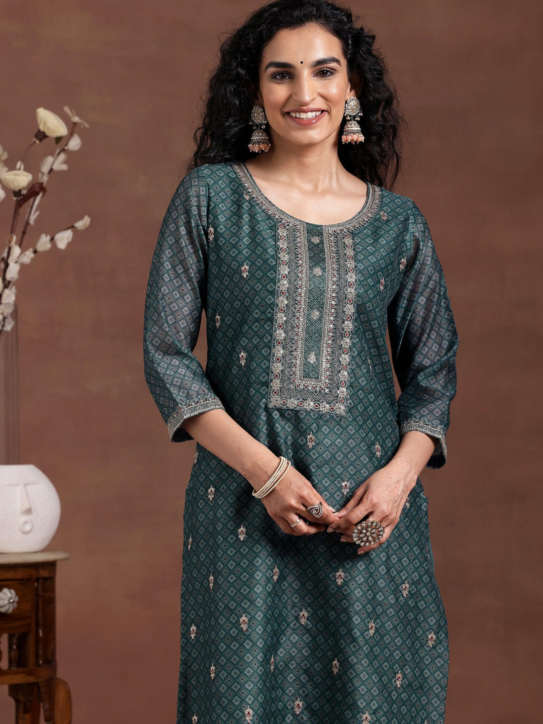 Teal Printed Silk Blend Straight Suit With Dupatta - Libas 