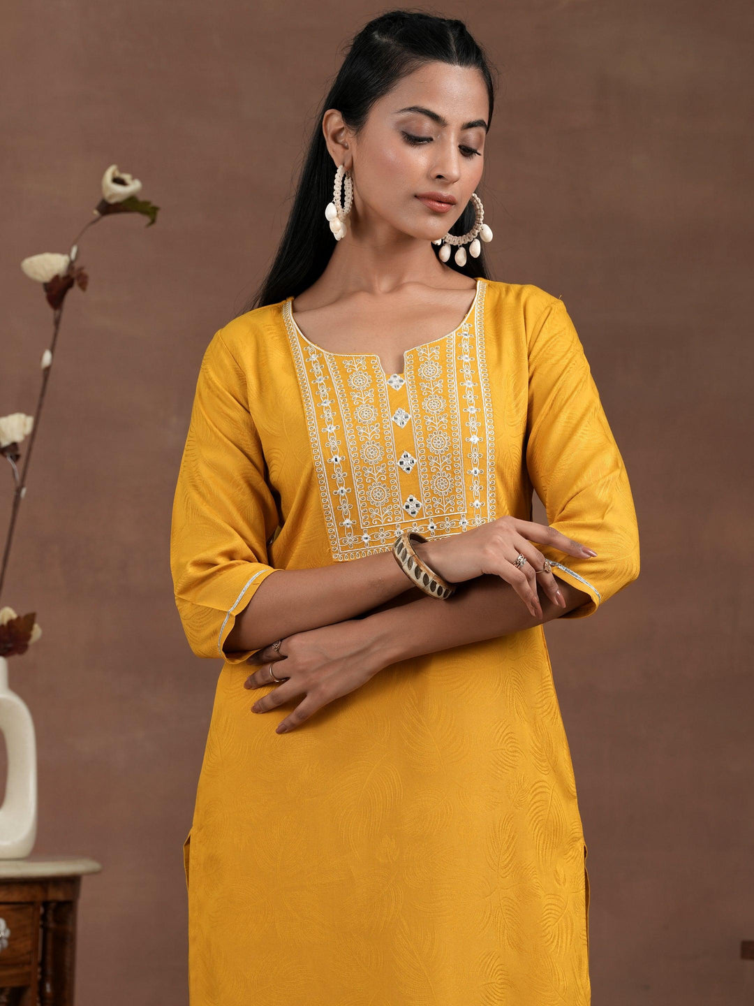 Yellow Yoke Design Rayon Straight Kurta - Libas