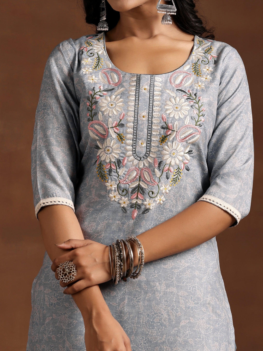 Grey Yoke Design Cotton Straight Suit With Dupatta - Libas