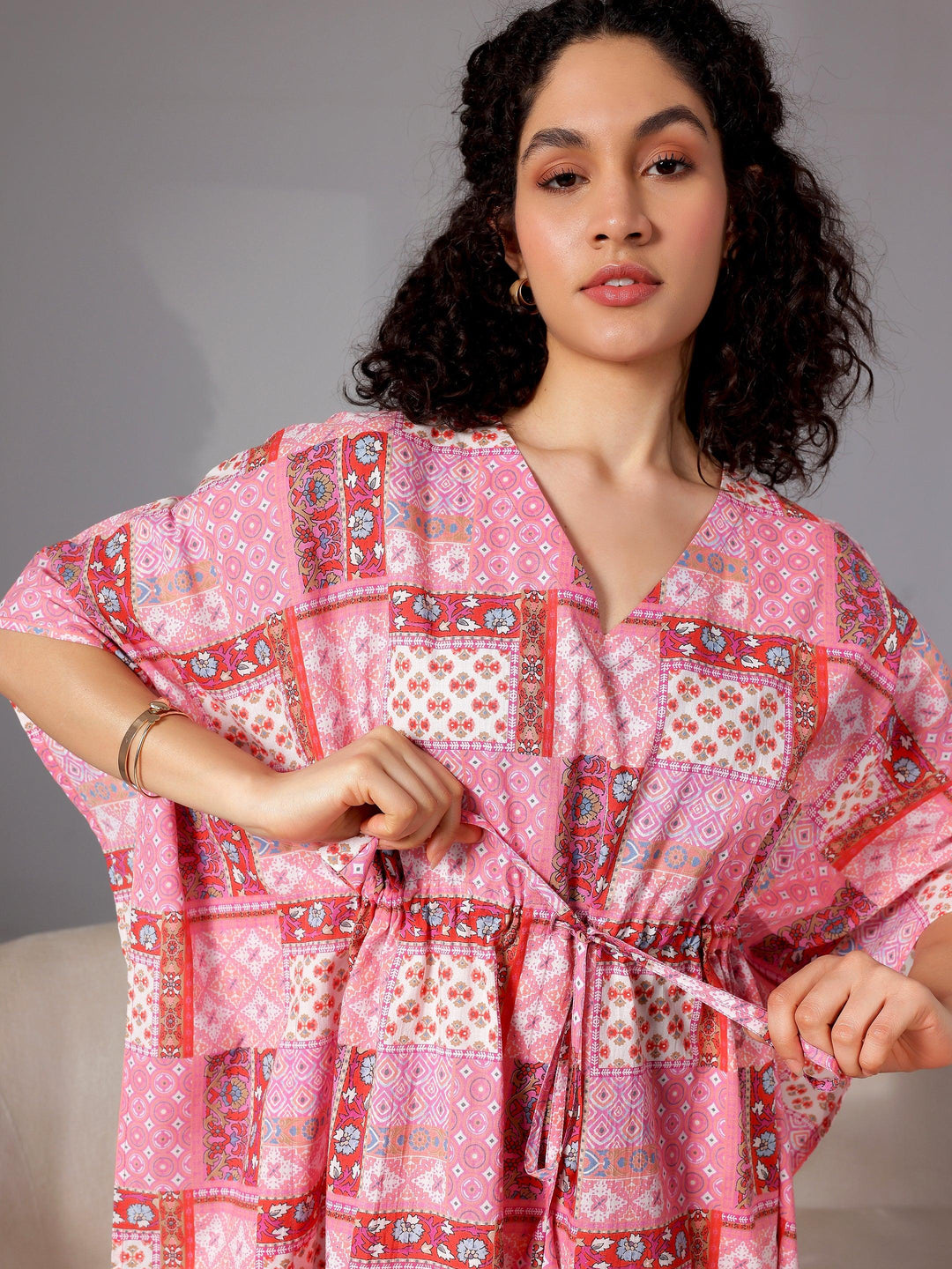 Pink Printed Cotton Kaftan Night Dress - Libas 