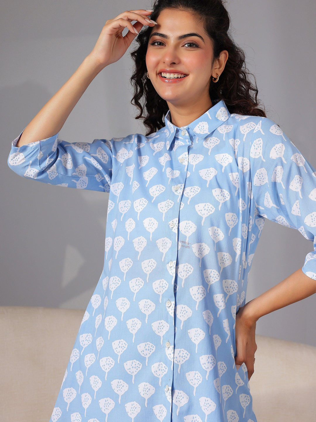 Blue Printed Cotton Night Suits - Libas 