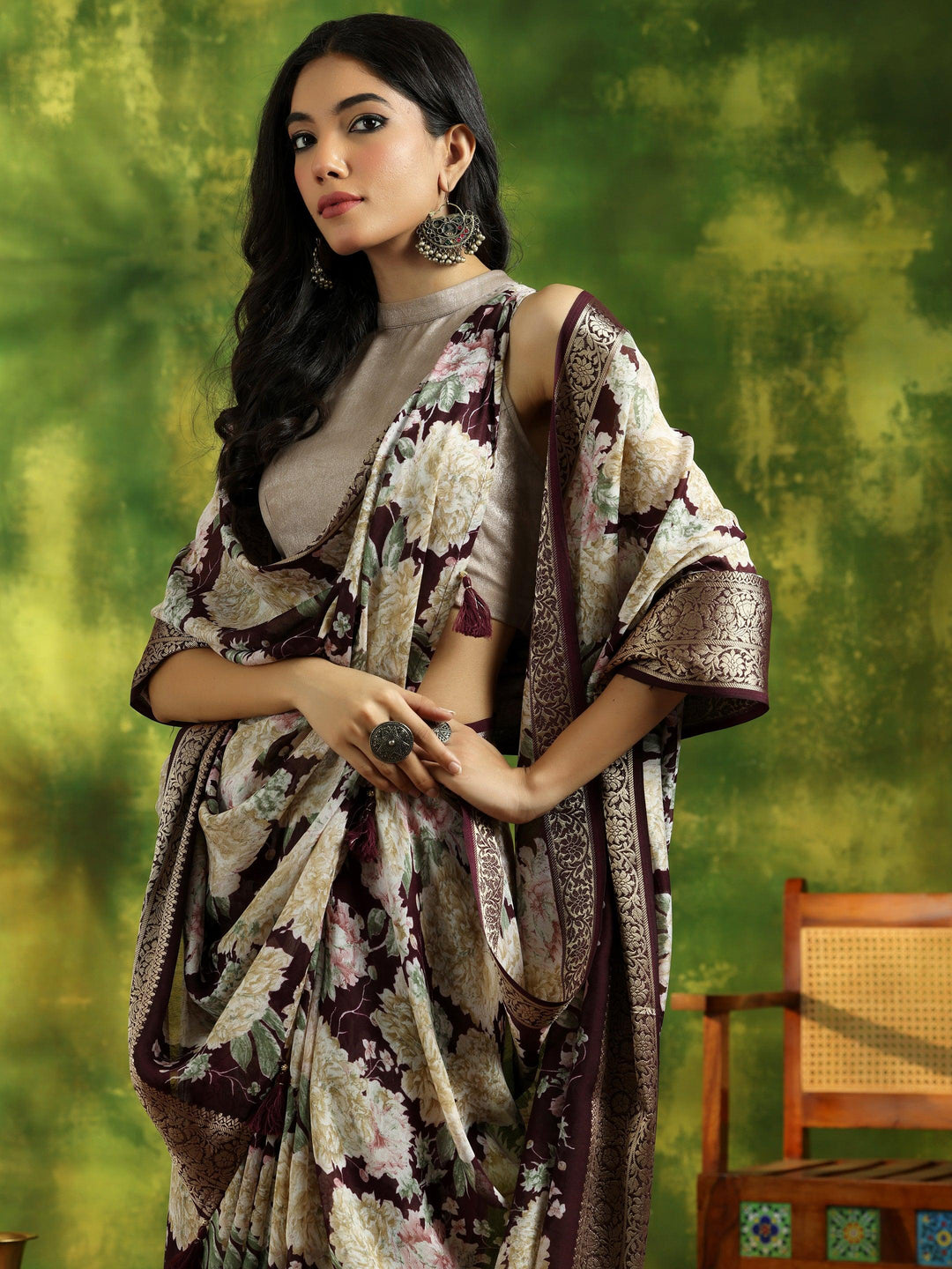 Wine Printed Silk Blend Saree With Unstitched Blouse Piece - Libas