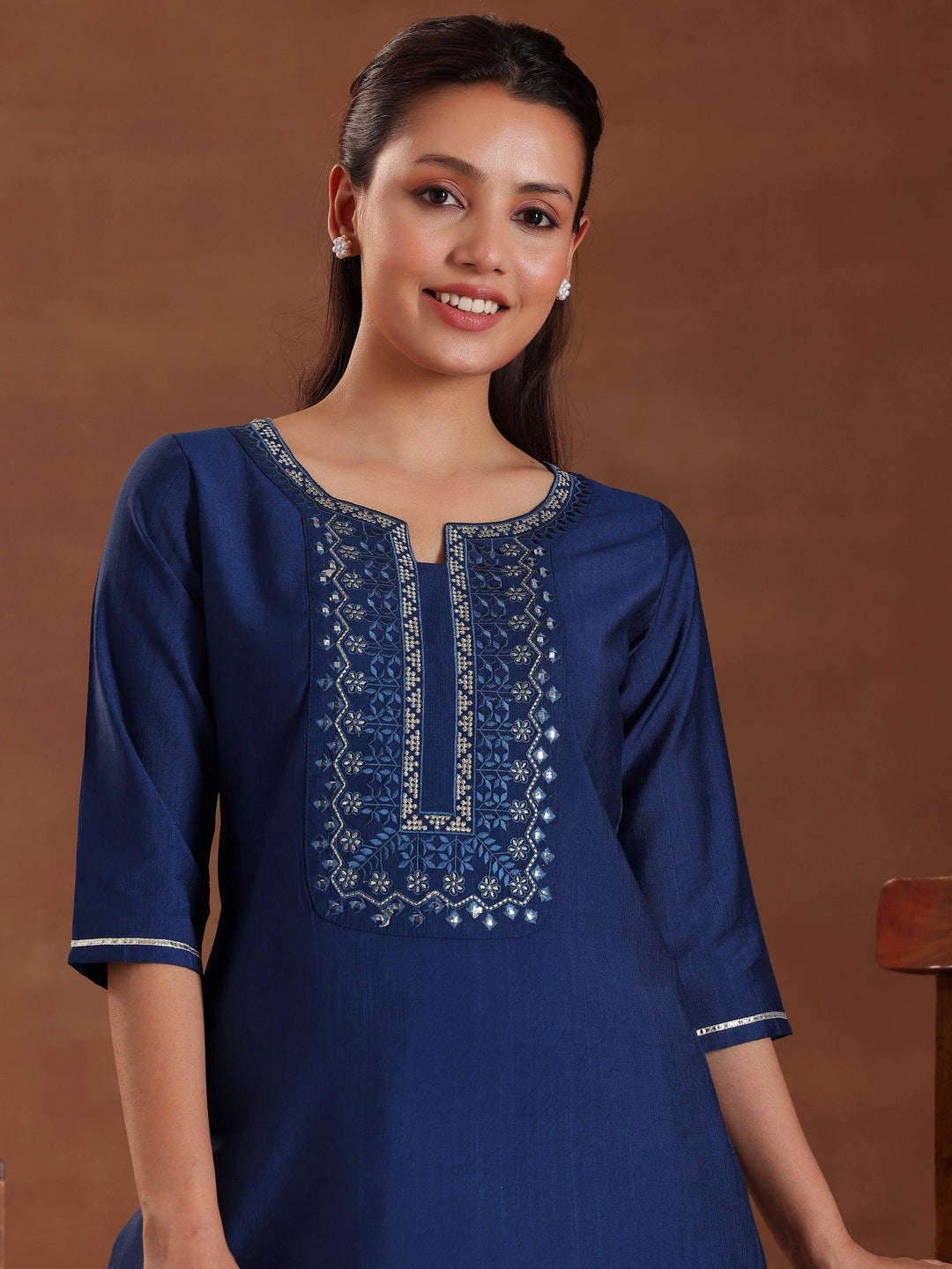 Blue Embroidered Silk Blend Straight Kurti - Libas 