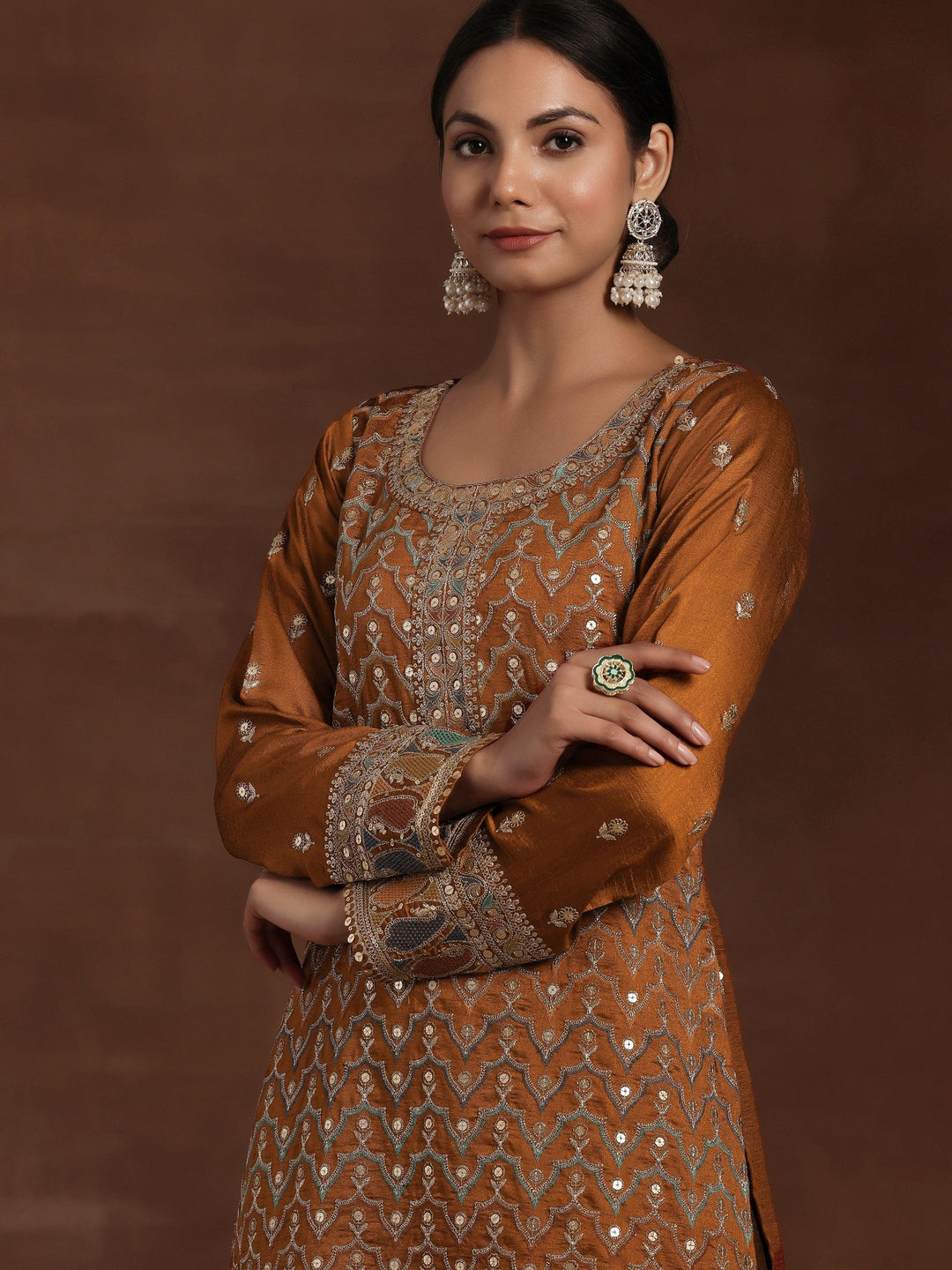 Rust Embroidered Silk Blend Straight Kurta With Palazzos & Dupatta - Libas 