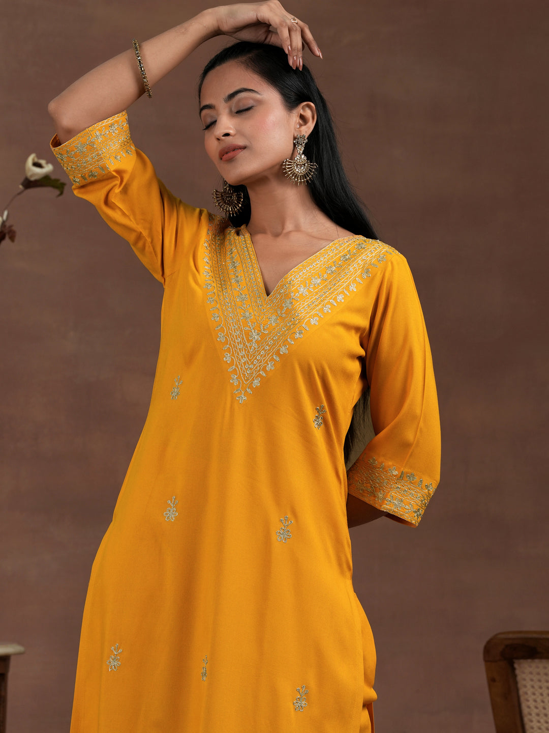  Yellow Embroidered Rayon Straight Kurta Set 