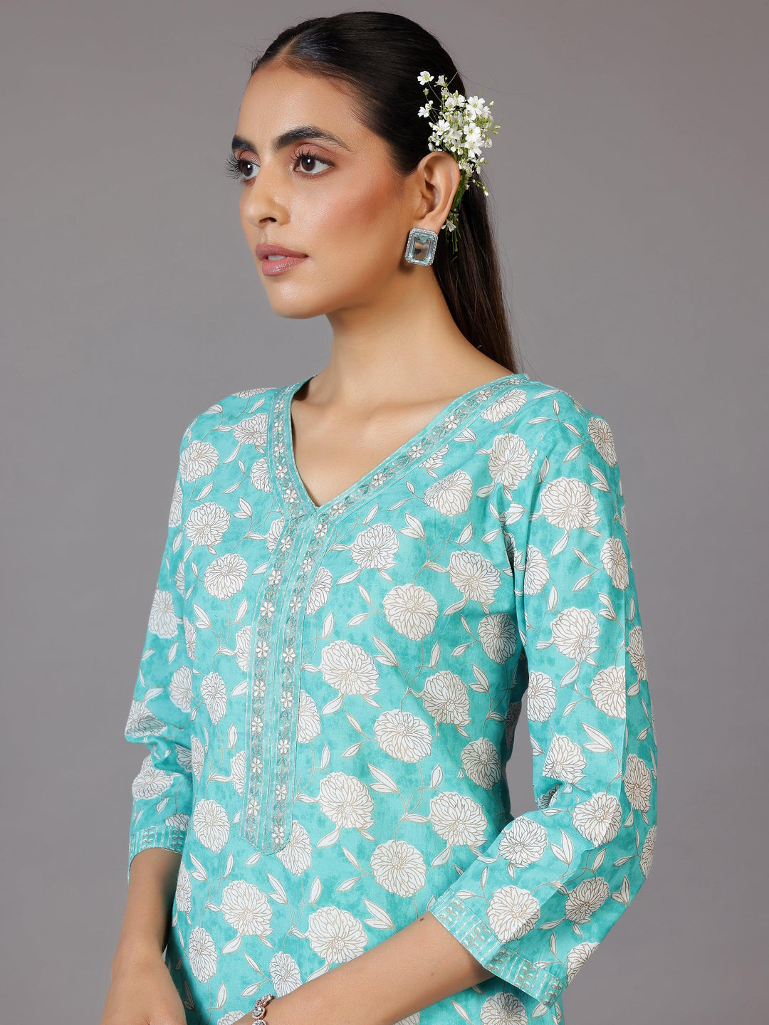 Turquoise Printed Cotton Straight Suit With Dupatta - Libas 