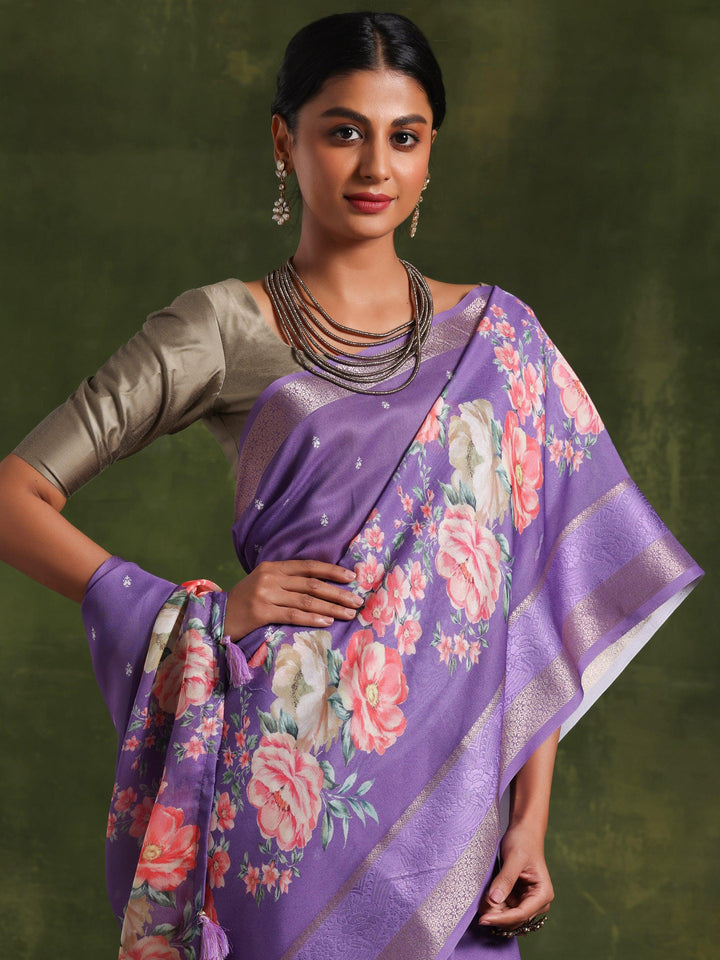 Purple Printed Silk Blend Saree With Unstitched Blouse Piece - Libas