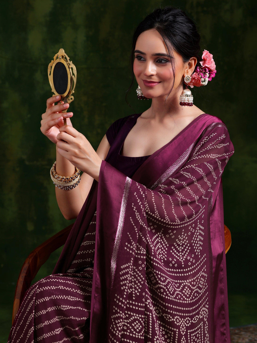 Maroon Printed Satin Saree With Unstitched Blouse Piece - Libas