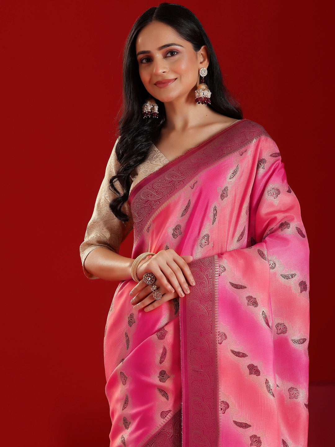 Libas Art Pink Woven Design Satin Saree With Unstitched Blouse Piece - Libas 