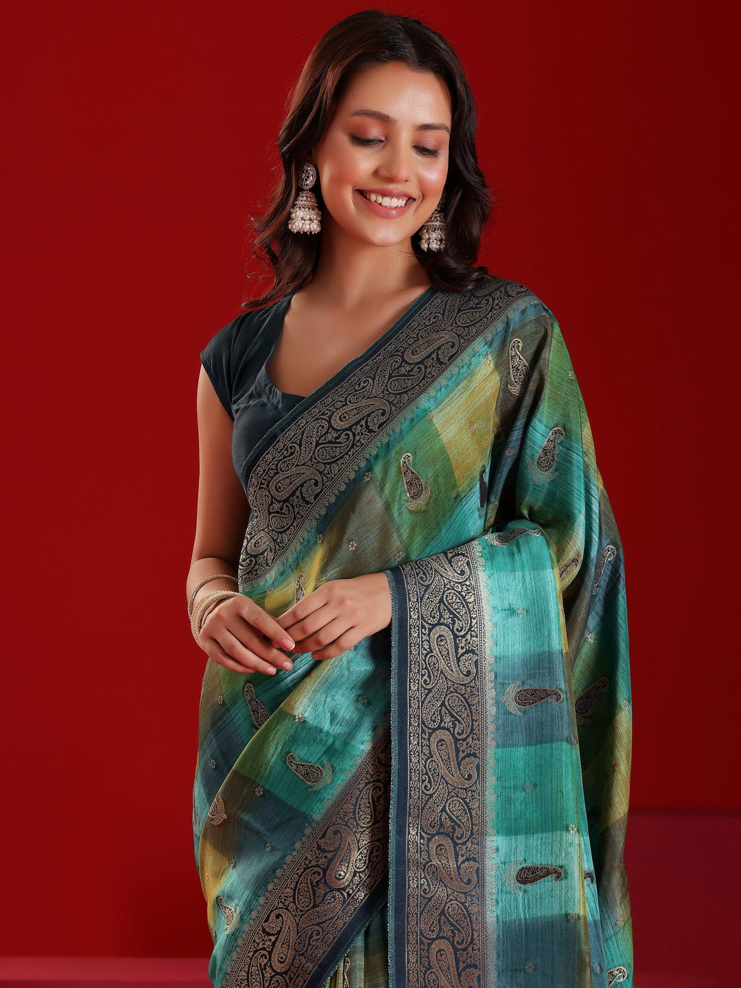 Libas Art Green Woven Design Satin Saree With Unstitched Blouse Piece - Libas 