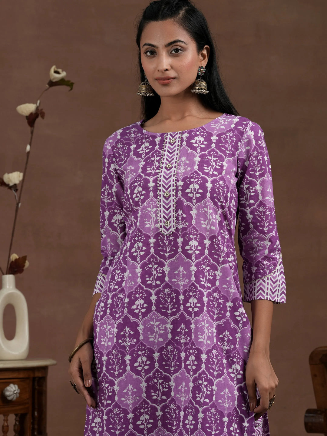  Purple Cotton Printed Straight Kurta 