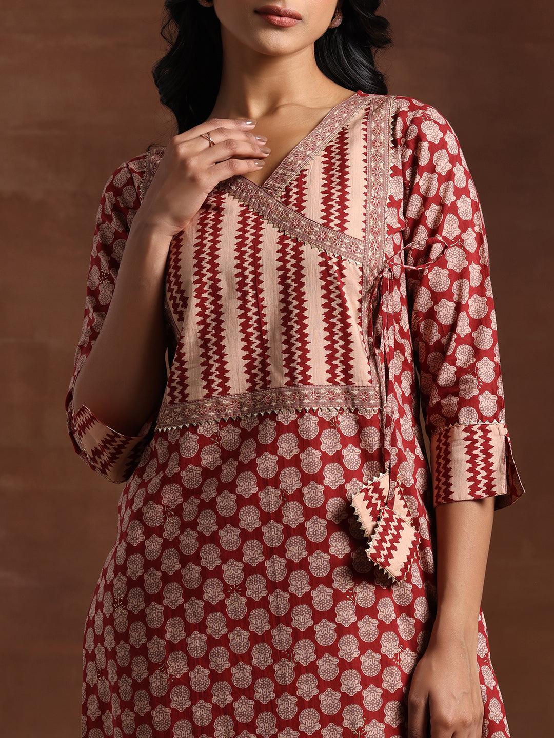 Maroon Printed Cotton Straight Suit With Dupatta - Libas