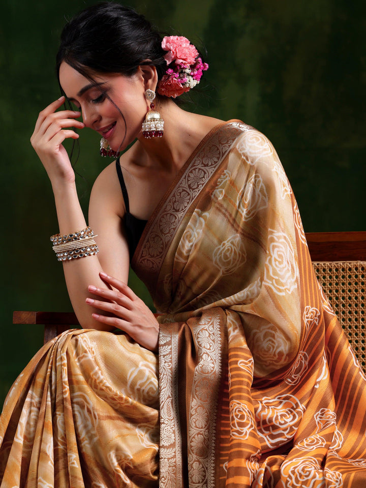 Brown Printed Silk Blend Saree With Unstitched Blouse Piece - Libas