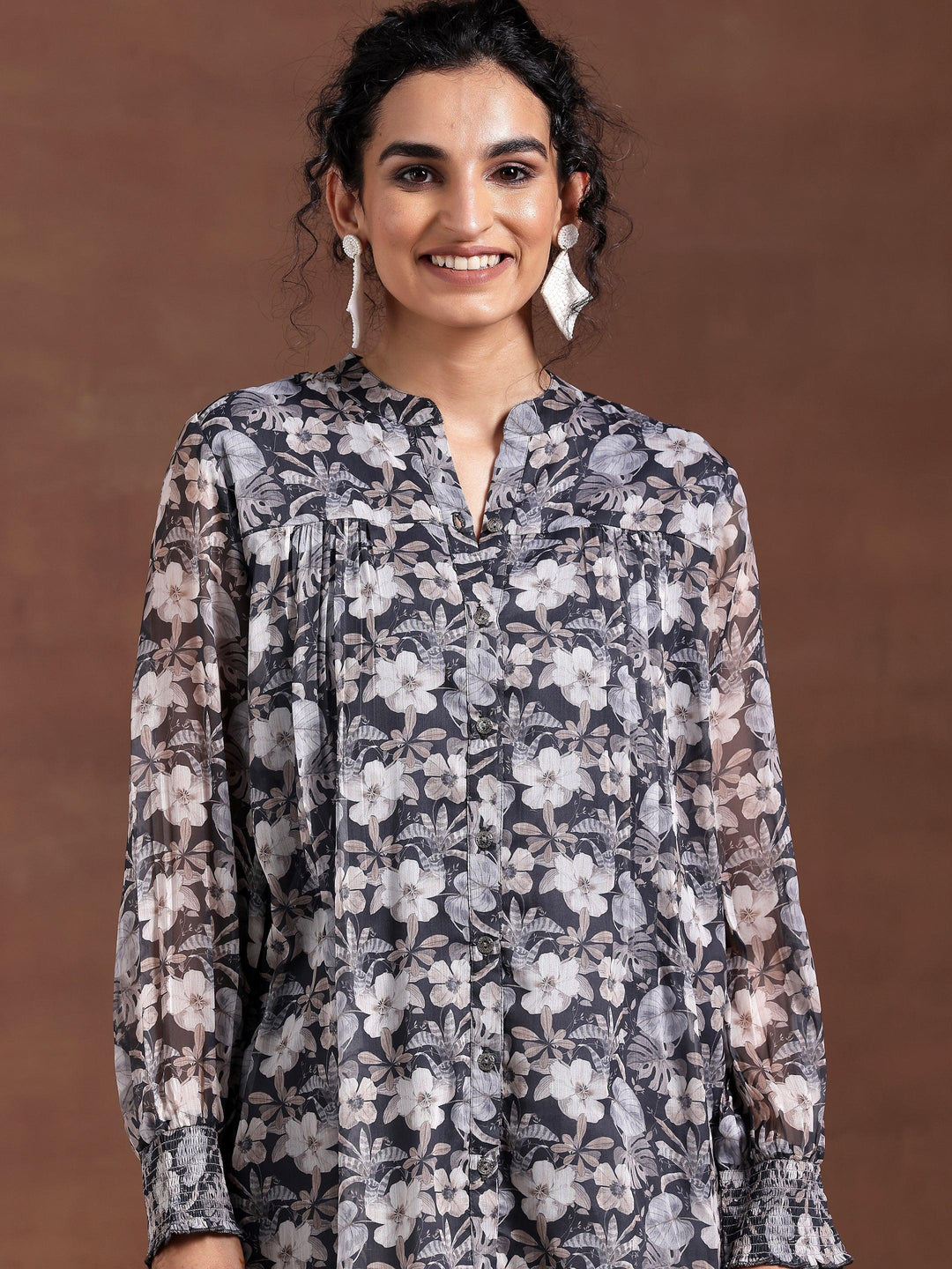 Grey Printed Chiffon A-Line Kurti - Libas