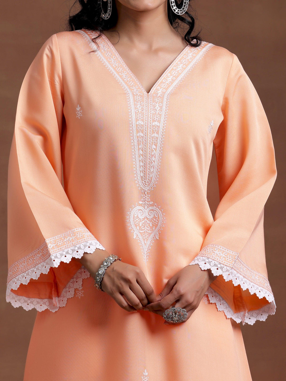 Peach Embroidered Silk Blend A-Line Kurta With Palazzos & Dupatta - Libas 