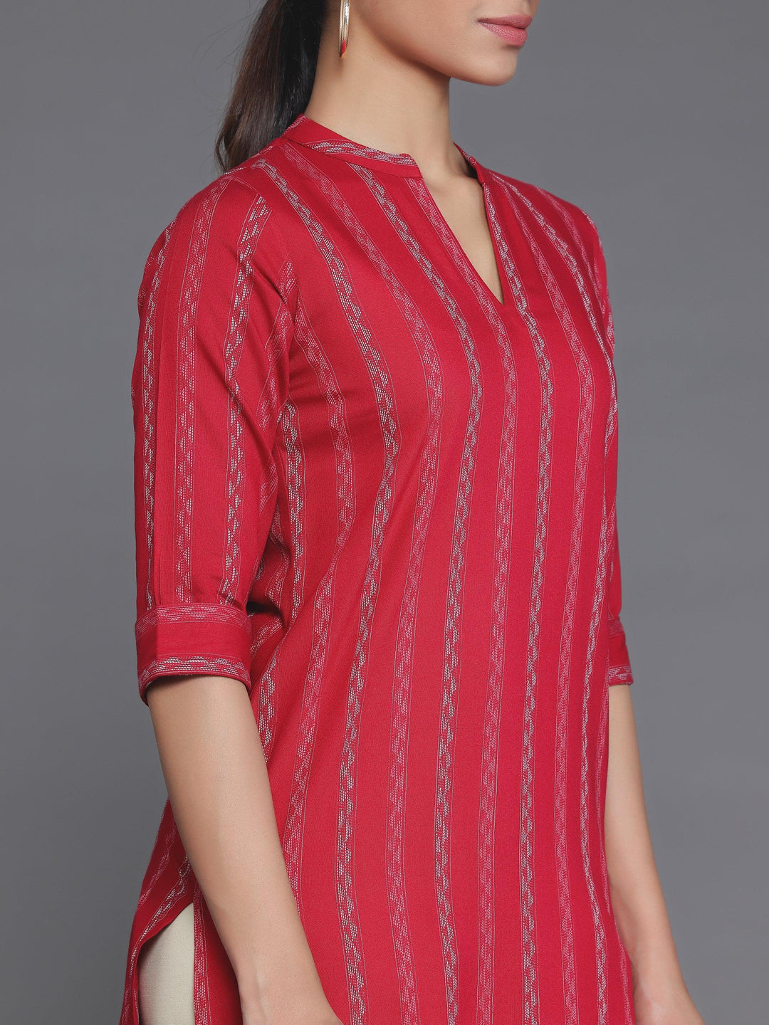 Red Striped Rayon Straight Kurta - Libas