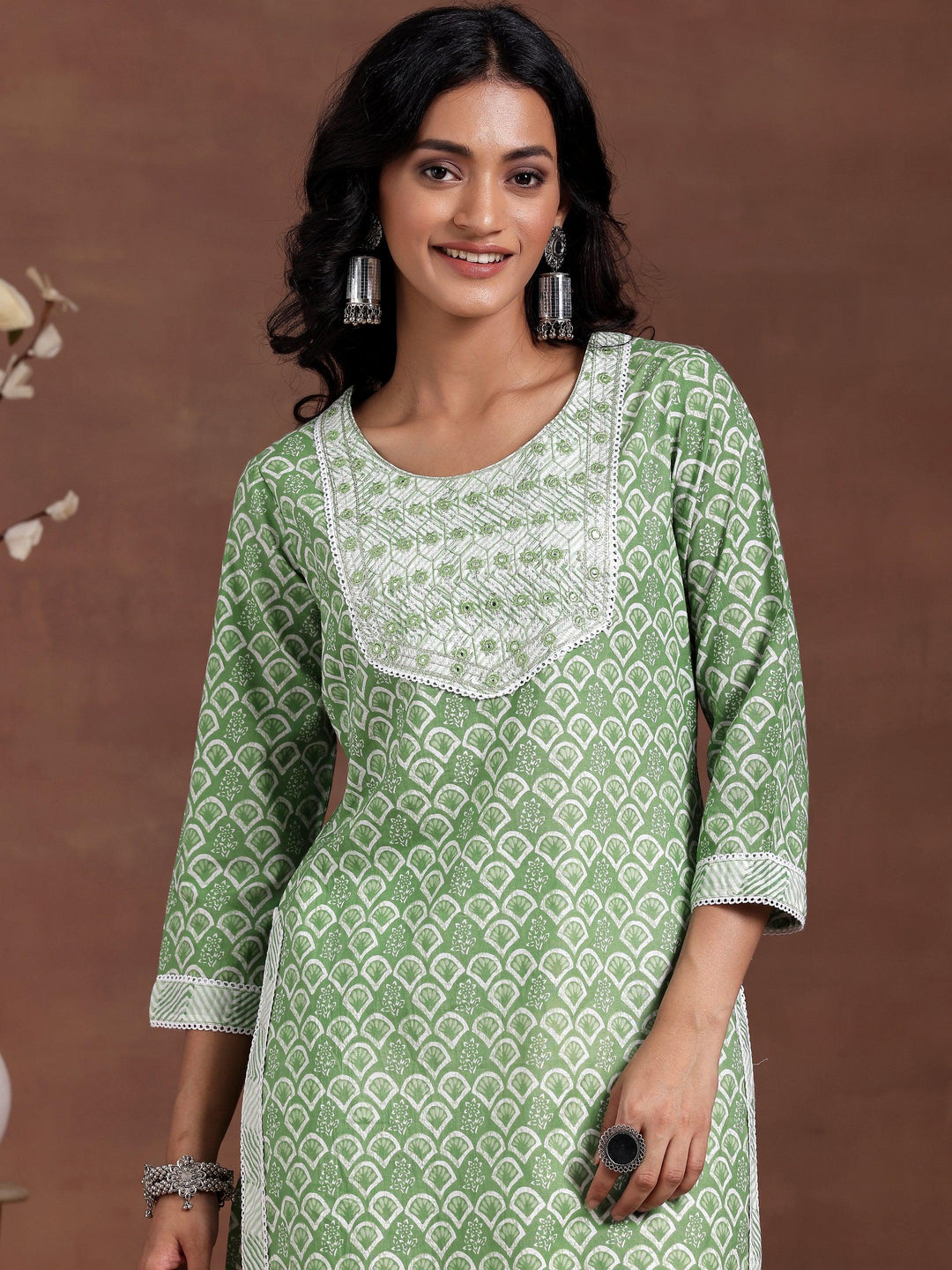 Green Printed Cotton Straight Suit With Dupatta - Libas 