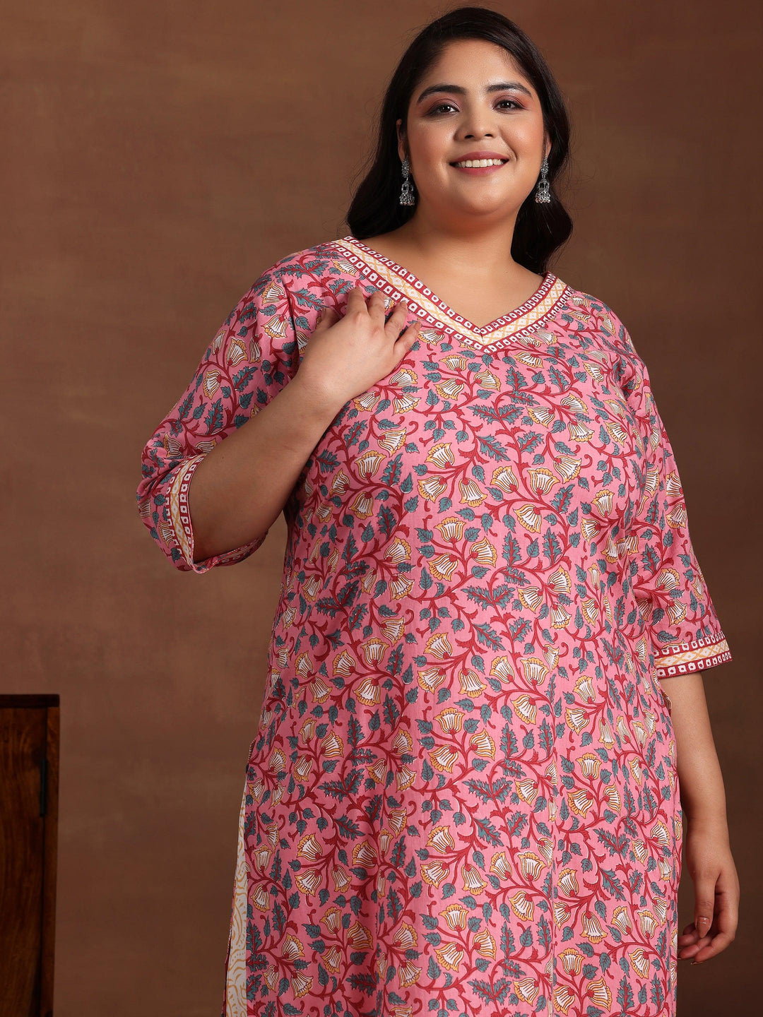 Plus Size Pink Printed Cotton Straight Suit With Dupatta - Libas