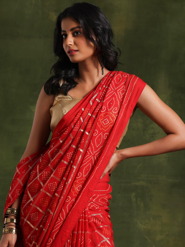 Red Printed Poly Georgette Saree With Unstitched Blouse Piece - Libas