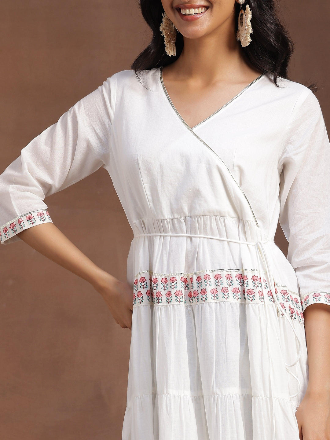 White Printed Cotton Maxi Dress - Libas 