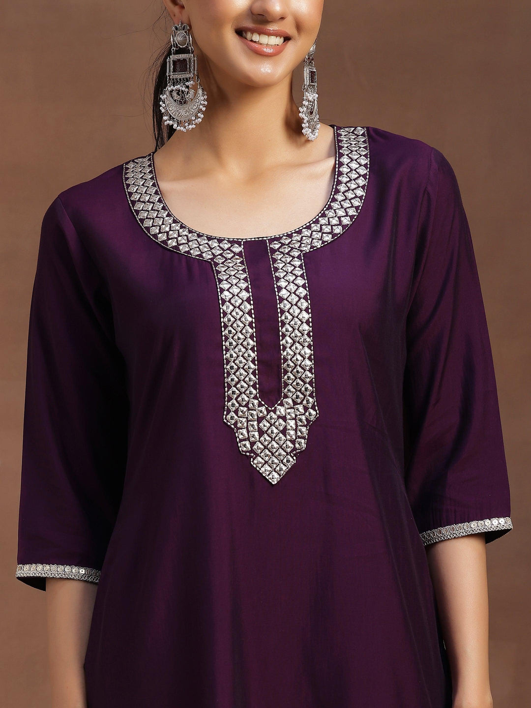 Purple Embroidered Silk Blend Straight Suit With Dupatta - Libas