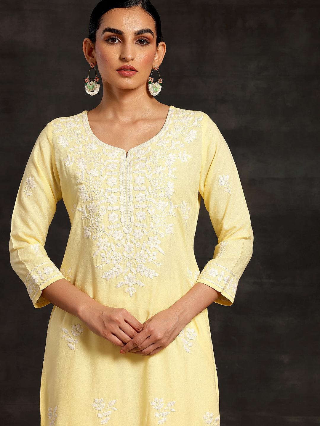 Yellow Embroidered Rayon Straight Kurta - Libas