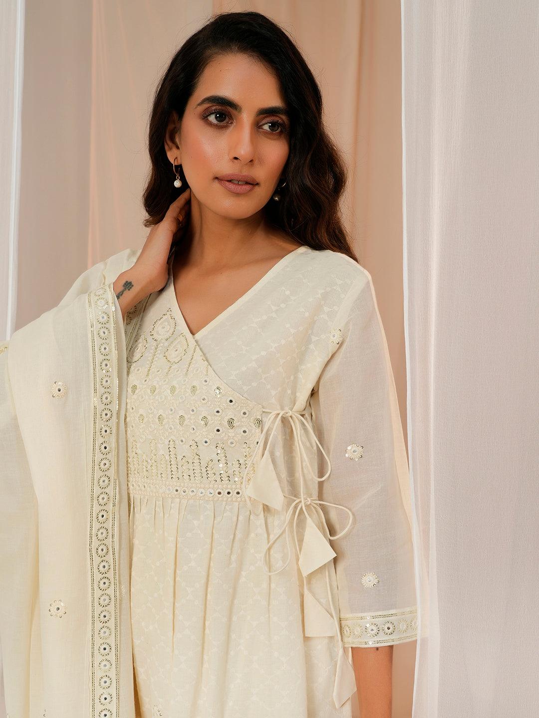 Off White Embroidered Cotton A-Line Kurta With Trousers & Dupatta - Libas 