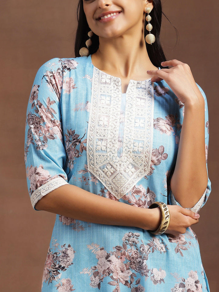 Blue Printed Cotton Straight Suit With Dupatta - Libas