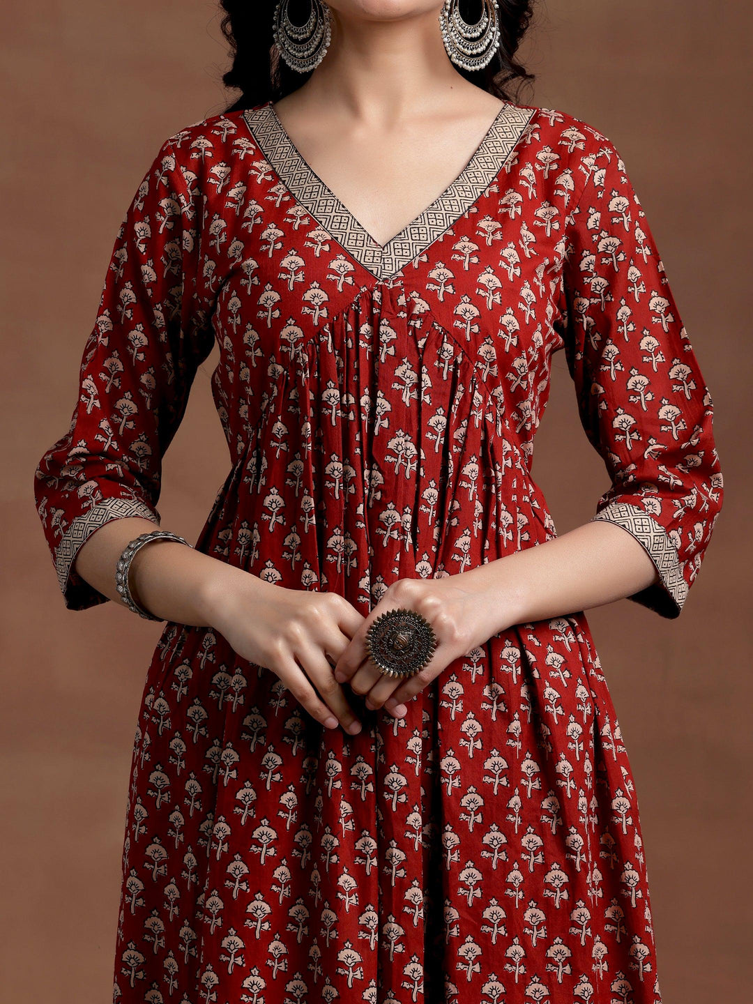 Rust Printed Cotton A-Line Kurta With Palazzos - Libas 